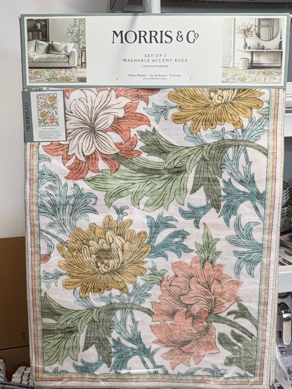 Morris & Co. 2 PC Washable Accent Rugs Set Chrysanthemum Floral Green Gold